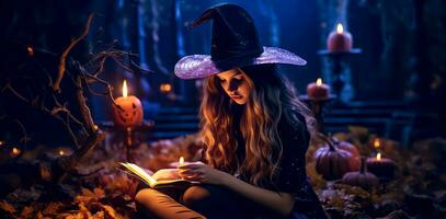 Frau im Hexen Hut lesen Buch im Zimmer voll von Kürbisse. generativ ai foto