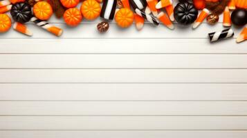 Overhead Aussicht von Halloween Süßigkeiten auf Weiß Hintergrund mit Platz zum Text. generativ ai foto