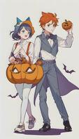 ein gespenstisch Geschwister Abenteuer vorbereiten zum Halloween im Anime Stil mit einfach Hintergrund foto