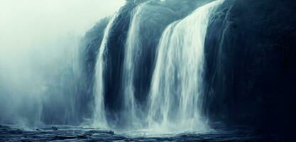 Strom im Natur dunkel Ton Wasserfall auf ein Hügel Wasserfall Hintergrund Fantasie Wald gefüllt mit groß Bäume und Wasser sprühen foto