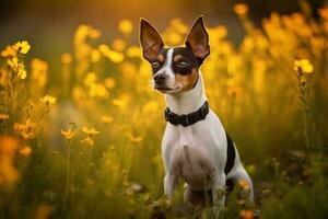 Spielzeug Fuchs Terrier Hund Sitzung im Wiese Feld umgeben durch beschwingt Wildblumen und Gras auf sonnig Tag ai generiert foto