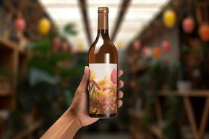 Attrappe, Lehrmodell, Simulation von Luxus Wein Flasche auf ein natürlich Stil Hintergrund foto