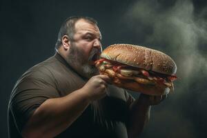 Übergewicht Mann Essen ein köstlich Hamburger foto