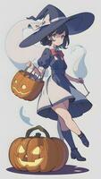 vorbereiten zum Halloween ein süß jung Mädchen und seine Kürbis im Anime Stil mit einfach Hintergrund foto