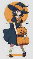 vorbereiten zum Halloween ein süß jung Mädchen und seine Kürbis im Anime Stil mit einfach Hintergrund foto