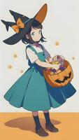 vorbereiten zum Halloween ein süß jung Mädchen und seine Kürbis im Anime Stil mit einfach Hintergrund foto