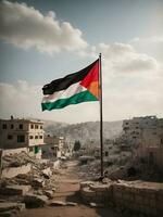 palästinensisch Flagge mit zerstört Stadt, ai generiert. foto