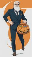 ein Gentleman mit seine Kürbis ein Anime Stil Halloween Szene mit ein einfach Hintergrund foto