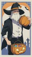 ein Gentleman mit seine Kürbis ein Anime Stil Halloween Szene mit ein einfach Hintergrund foto