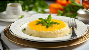 ein Teller mit Reis, Gemüse und ein Karotte ai generativ foto