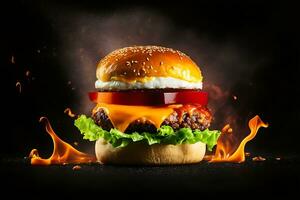 explodiert Burger mit Gemüse und geschmolzen Käse auf schwarz Hintergrund generativ ai foto