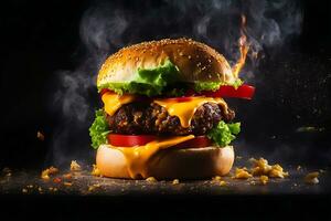 explodiert Burger mit Gemüse und geschmolzen Käse auf schwarz Hintergrund generativ ai foto