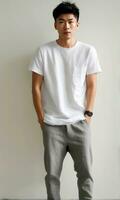 jung asiatisch Mann tragen ein Weiß Leinen- T-Shirt.generativ ai. foto