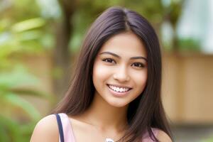 Nahansicht Foto Porträt von ein schön jung asiatisch Frau lächelnd mit sauber Zähne auf grau hintergrund.generativ ai.