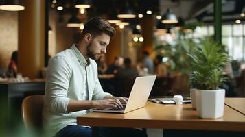 ein jung Mann Arbeiten auf ein Laptop, Junge Freiberufler oder ein Schüler mit ein Computer im ein Cafe Hintergrund bokhe.ai generativ foto