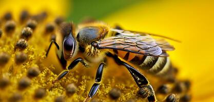 Bienen saugen Pollen von Blumen schließen oben Foto Makro Foto von ein Insekt Wespe