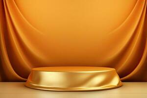 golden Podium auf Orange Hintergrund. 3d Wiedergabe. spotten hoch, golden luxuriös Stoff oder Stoff platziert auf oben Sockel oder leer Podium Regal auf Gold Hintergrund, ai generiert foto