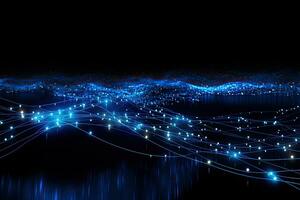 abstrakt Technologie Hintergrund mit Blau glühend Linien und Bokeh Wirkung, glühend Blau Linien und abstrakt Daten System auf schwarz Hintergrund Darstellen Komplex Daten Fluss, ai generiert foto