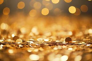 golden Münzen auf Bokeh Hintergrund. Finanzen und Bankwesen Konzept, golden Konfetti auf Bokeh Hintergrund. festlich Dekoration, ai generiert foto