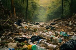 Müll Dump im das Wald. Konzept von Umwelt Verschmutzung und Ökologie, Müll Stapel im Wald unter Pflanzen. giftig Plastik in Natur überall, ai generiert foto