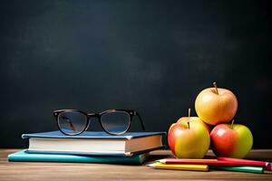 Stapel von Bücher mit Brille und Äpfel auf Tafel Hintergrund. zurück zu Schule Konzept, Brille Lehrer Bücher und ein Stand mit Bleistifte auf das Tisch, auf das Hintergrund von ein Tafel, ai generiert foto