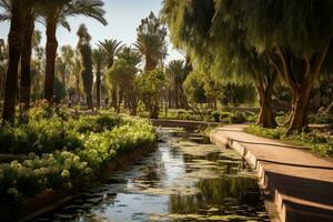 Garten mit Palme Bäume und ein klein Kanal im Dubai, vereinigt arabisch Emirate, Müll Stapel im Wald unter Pflanzen. giftig Plastik in Natur überall, ai generiert foto