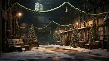 generativ ai, Weihnachten Innere ländlich Hintergrund, Santa claus rustikal Werkstatt foto