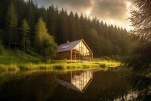 stilvoll Glamping Zelt eingebettet durch ein See im ein Wald, generativ ai foto