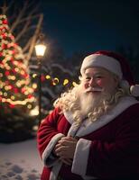 ai generativ Santa claus genießt Sein mit Kinder auf das gesegnet Weihnachten Vorabend foto