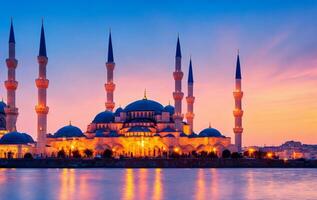 schön Moschee im das Nacht Stadt von Istanbul Truthahn. ai generiert. foto