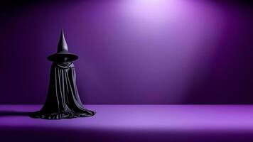 ein schwarz Hexe Mannequin auf lila Hintergrund mit Kopieren Raum. Halloween Dekoration. Halloween Konzept. generativ ai. foto