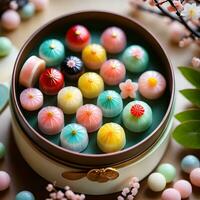 japanisch Süßigkeiten Nerikiri von verschiedene Farben im ein schön Container. ai generativ foto