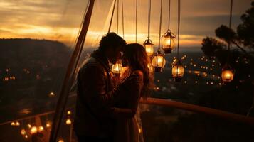 romantisch jung Paar im Liebe Umarmen und küssen auf ein Balkon beim Sonnenuntergang mit Laternen. foto