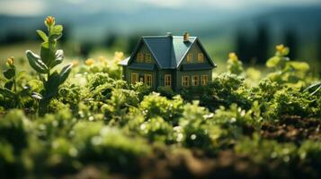 Miniatur Modell- Haus auf Grün Gras mit verschwommen Berge Hintergrund. echt Nachlass Konzept foto