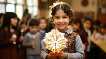 süß wenig arabisch Mädchen halten Weihnachten Dekoration im Vorderseite von ihr freunde beim Schule. foto