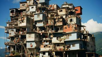 alt Wohn Gebäude im das Stadt von Rio de Janeiro, Brasilien. Favela da rocinha, das größte Slum, Shanty Stadt, im Latein Amerika. foto