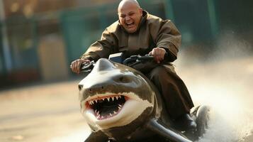 kahl Freak Mann Fahren Wasser Motorrad mit groß Hai im Amüsement Park. foto