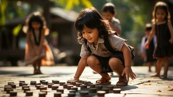 süß asiatisch wenig Mädchen spielen Spiel mit hölzern Blöcke im das Park. foto