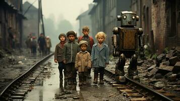 retro Post Welt Krieg ii Foto von Kinder mit Jahrgang Roboter im das Mitte von das Eisenbahn.