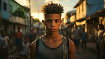 Porträt von ein jung Brasilianer Teen Junge im das Straße von Rio de Janeiro, Brasilien. foto
