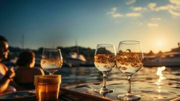 Brille von Weiß Wein auf das Deck von ein Yacht beim Sonnenuntergang. Luxus Kreuzfahrt Schiff Reise auf Karibik Ferien Ziel. foto