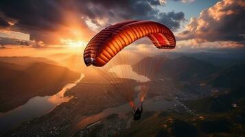 Gleitschirm fliegend im das Himmel über das Stadt beim Sonnenuntergang. foto