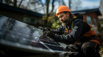 Arbeiter Installation Solar- Paneele auf das Dach von ein Neu Haus. Zelle Bauernhof Leistung Pflanze Öko Technologie. foto