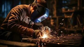 industriell Arbeiter Arbeiten mit Bogen Schweißen Maschine zu Schweißen Stahl beim Fabrik. foto