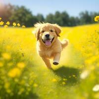 spielerisch glücklich Haustier Hund Hündchen Laufen im das Gras. ai generiert. foto
