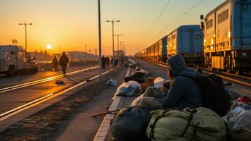 Eisenbahn Bahnhof mit Flüchtling Menschen warten zum das Zug zu ankommen beim Sonnenuntergang. Israel und Palästina Krieg Konzept. foto