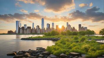 Innenstadt Manhattan mit das wenig Insel Öffentlichkeit Park im Neu York Stadt beim Sonnenaufgang. ai generiert. foto