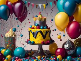 Geburtstag Feier mit bunt Luftballons, ein Kuchen, und ein glänzend mit Konfetti bedeckt Hintergrund ai generieren foto