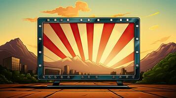 Karikatur Illustration von ein Kino Bildschirm Monitor mit ein Sonnenstrahlen und Berge im das Hintergrund foto