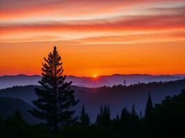 Sonnenuntergang und Silhouetten mit Bäume im das Berge.ai generiert. foto